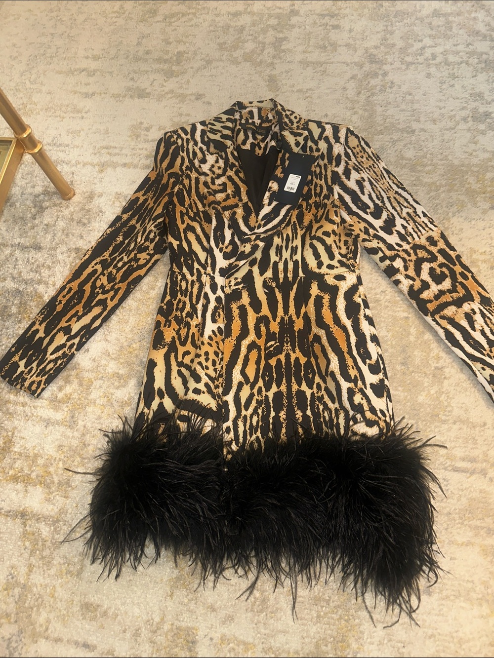 Fashion Nova Leopard Print Feather Trim Midi Dress - Black, Tan, White - Picture 2 of 3